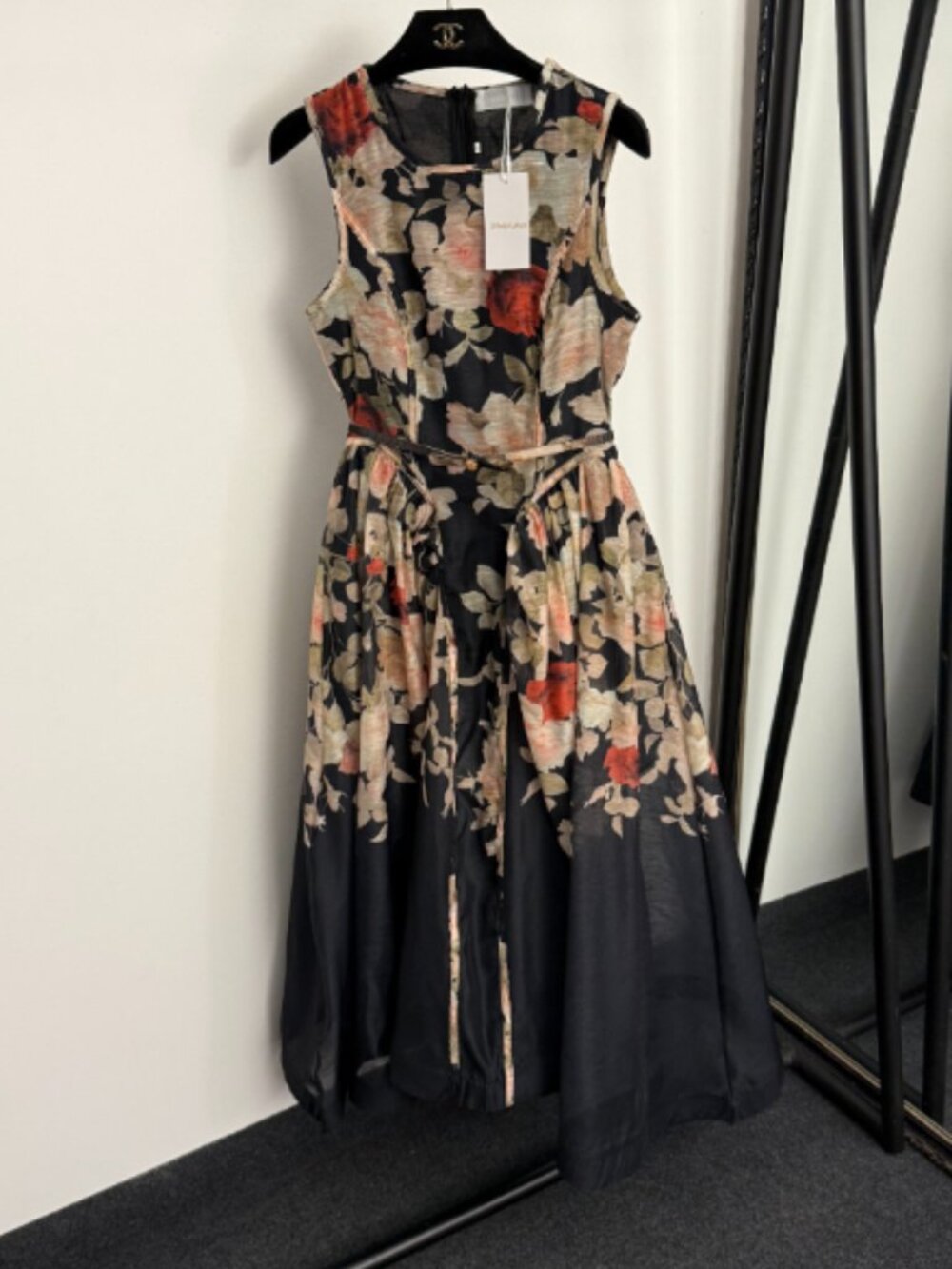 Zimmermann Black Rose Print Bow Belt Sleeveless Midi Dress
